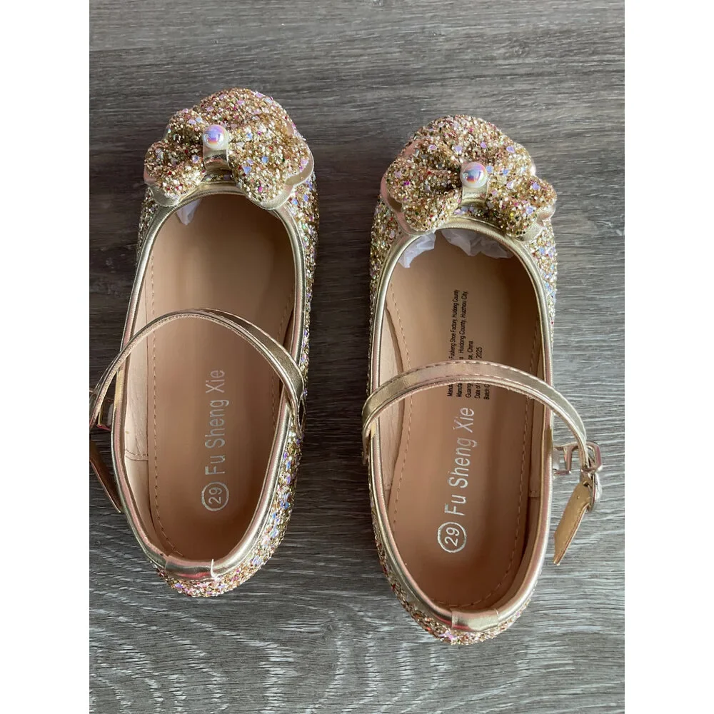 Flats Sparkly Gold With Strap (Size T6.5)